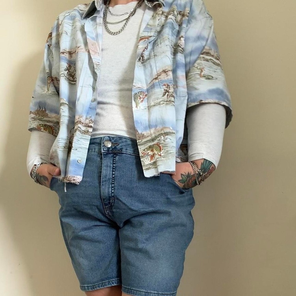 Pierre Cardin cropped fishing camp shirt oversized boxy button up blue 2XLT